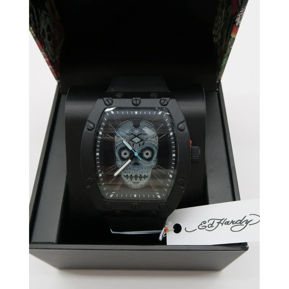 Ed Hardy Mens Black Skull Crystal Dial Tonneau Silicone Strap Watch New in Box